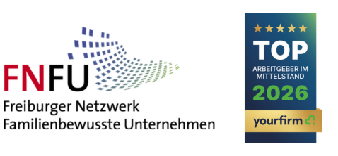 Logos von Freiburger Netzwerk familienbewusste Unternehmen (FNFU) und yourfirm Siegel Top Arbeitgeber im Mittelstand